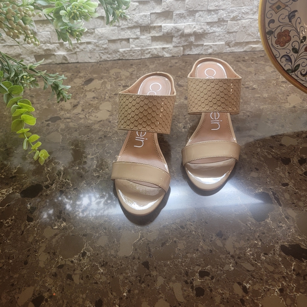 Calvin Klein Cecily Patent/Python Patent Open Toe Sandles with Heels.